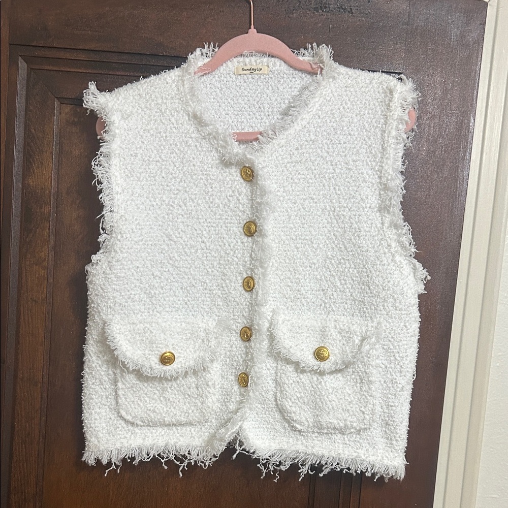 White Textured Sleeveless Top with Gold Buttons